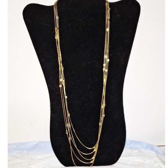 A Long Multi- Strand Chain Necklace Gold Tone Elegant Dainty Layered Dramatic - Picture 1 of 8